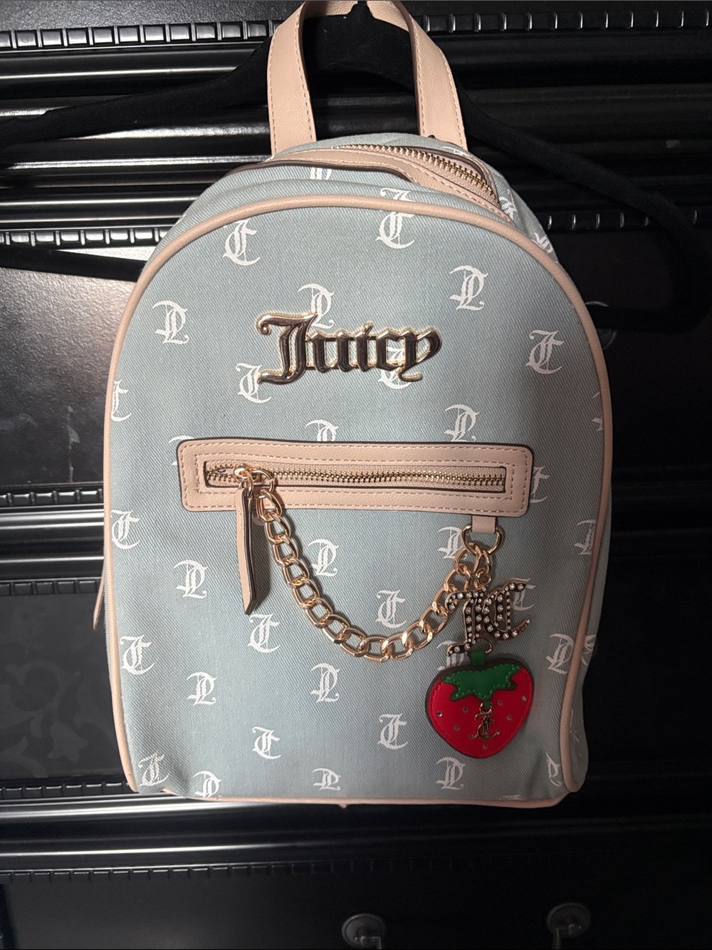 Juicy Couture Pale Blue Mini Backpack with Pink Trim and Gold Hardware